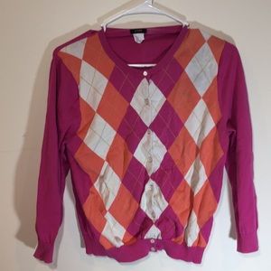 🔴J.CREW women’s pink argyle cardigan size Large